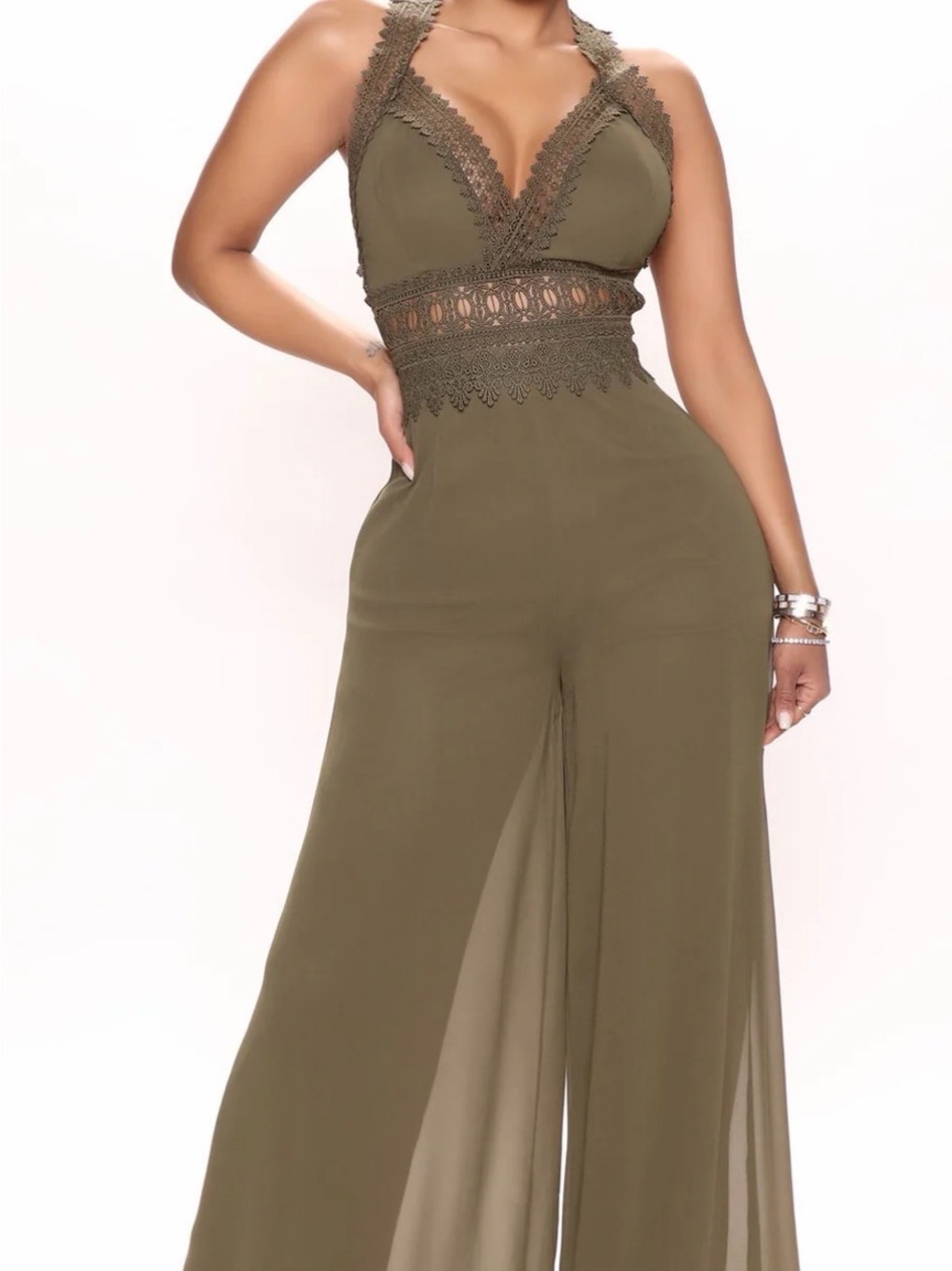 Fashion Nova Olive Crochet-Trim Wide Leg Jumpsuit